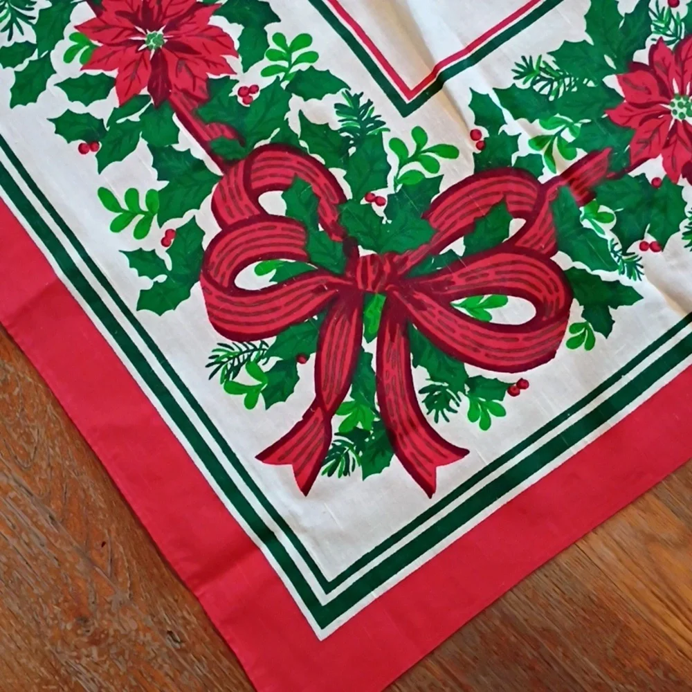 Vintage Holiday Tablecloth with Red and Green Poinsettia Design